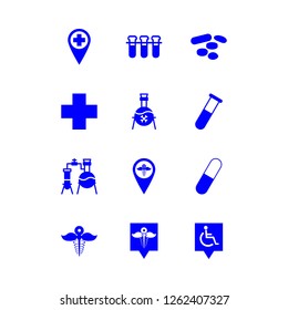 pharmacy icon set about medication, poison, pins disabled and pharmacy pin vector set