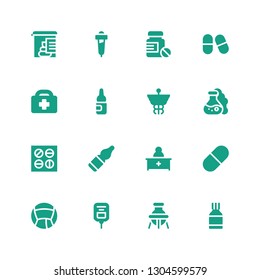 pharmacy icon set. Collection of 16 filled pharmacy icons included Pills, Flask, Saline, Medicine, Pill, Pharmacist, Vials, Caduceus, Ampoule, Healthcare, Pipette, Stool test