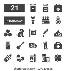 pharmacy icon set. Collection of 21 filled pharmacy icons included Patch, Vitamins, Medicine, Pills, Eye drops, Healthcare, Red cross, Vaccine, Pipette, Hospital, Pet, Benzene