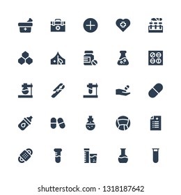 pharmacy icon set. Collection of 25 filled pharmacy icons included Test tube, Flask, Vitamins, Bandage, Prescription, Medicine, Potion, Pills, Eye drops, Pill, Red cross, Benzene