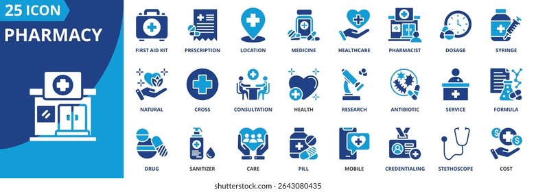 um pacote de ícone contém kit de primeiros socorros, prescrição, localização, medicina, saúde, farmacêutico, dosagem, seringa, natural, cruz
