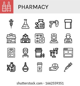 pharmacy icon set. Collection of Medicine, Vaccine, Flask, Otoscope, Sample tube, Pharmacy, Hospital, Nurse, Paramedic, Diagnosis, Analgesic, Test tube, Add, Laboratory icons