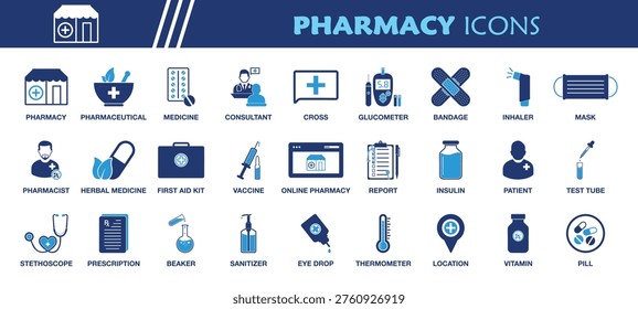 Conjunto de iconos de farmacia. Colección de Farmacéutico, Farmacéutico, Consultor, Cruz, Medicina, Píldora, Vitamina, Vacuna, Insulina, Informe, Prescripción, Botiquín de Primeros Auxilios, Glucómetro, Vendaje, Inhalador, Gota para Los Ojos, Estetoscopio y Más Iconos. Ilustración vectorial plana editable.