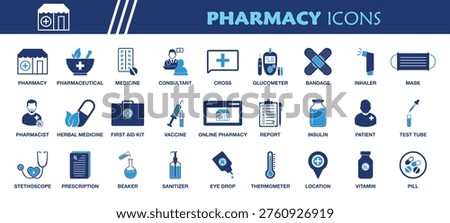 Pharmacy Icon Set. Collection of Pharmaceutical, Pharmacist, Consultant, Cross, Medicine, Pill, Vitamin, Vaccine, Insulin, Report, Prescription, First Aid Kit, Glucometer, Bandage, Inhaler, Eye Drop, Stethoscope, and More Icons. Editable Flat Vector Illustration.
