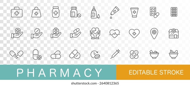 Pharmacy icon set. Set collection. Thin line . Editable stroke. Minimalist icon set. Vector illustration 
