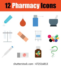 Pharmacy icon set. Color flat design. Vector illustration.