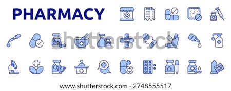 Pharmacy icon set color lineal style with receipt, pills, dose, vaccination, pipette, generic drug, vitamin, compounded medicine, pharmaceutical, laboratory icons