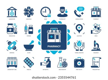 Pharmacy icon set. Consultation, Bandage, Prescription, Laboratory Tube, Pharmacist, Syringe, Medication, Doze. Duotone color solid icons