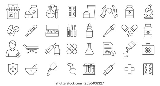 Pharmacy icon set. containing Medicine, bandage, medication, prescription, treatment, and more. editable stock thin outline icon collection .isolated on white background flat vector illustration.