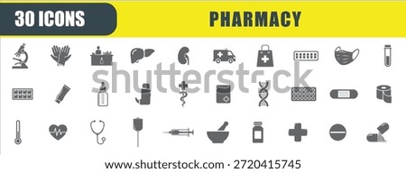 Pharmacy icon set. Containing pill, ambulance, medical mask, dropper, thermometer, medicine, and plus sign icons. Solid icon collection. Vector illustration.