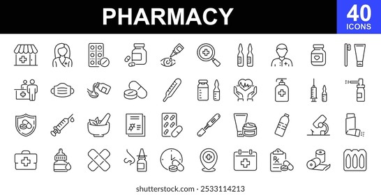 Pharmacy icon set. Containing pharmacy, pills, tablets, drugs, medicine, pharmacist, mortar, cross, protection, syringes, medical laboratory elements and more. Vector illustration