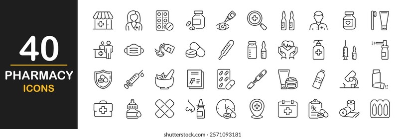 Pharmacy icon set. Containing pharmacy, pills, tablets, drugs, medicine, pharmacist, mortar, cross, protection, syringes, medical laboratory elements and more. Vector illustration