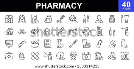 Pharmacy icon set. Containing pharmacy, pills, tablets, drugs, medicine, pharmacist, mortar, cross, protection, syringes, medical laboratory elements and more. Vector illustration