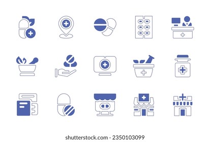 Pharmacy icon set. Duotone style line stroke and bold. Vector illustration. Containing vitamin, placeholder, medicine, capsule, pharmacist, herbal, pharmacy, mortar, pills, tablets, drugs.