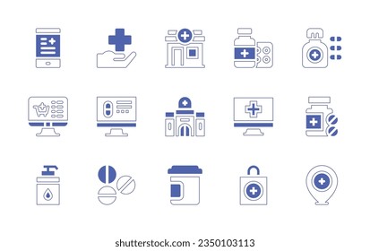 Pharmacy icon set. Duotone style line stroke and bold. Vector illustration. Containing online pharmacy, medicine, pharmacy, tablets, pills, moisturiser, pill jar.