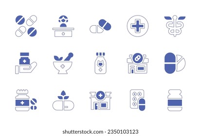 Conjunto de iconos de farmacia. Curso de línea de estilo duotónico y negrita. Ilustración vectorial. Contiene píldoras, farmacia, medicinas, mortero, píldora, hierbas, fármaco, botella de pastillas.