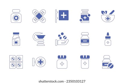 Pharmacy icon set. Duotone style line stroke and bold. Vector illustration. Containing medicine, bandage, pharmacy, natural medicine, pills, nasal spray, tablet.