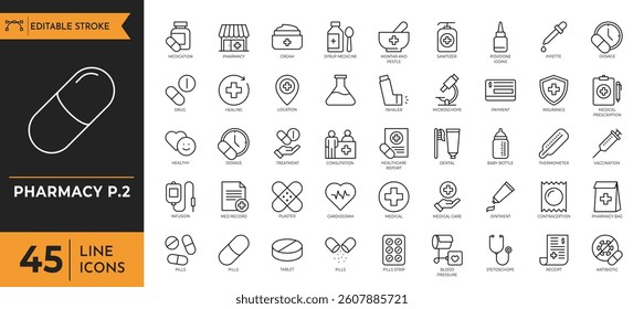 Pharmacy icon set. editable stroke. vector illustration