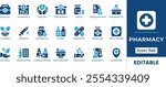 Pharmacy Icon Set. Features editable icons for pharmacy symbols, medicine, healthcare, drugs, prescription, medical, and more. Perfect for healthcare, pharmacy, and medical designs.