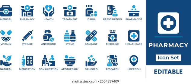 Pharmacy Icon Set. Features editable icons for pharmacy symbols, medicine, healthcare, drugs, prescription, medical, and more. Perfect for healthcare, pharmacy, and medical designs.