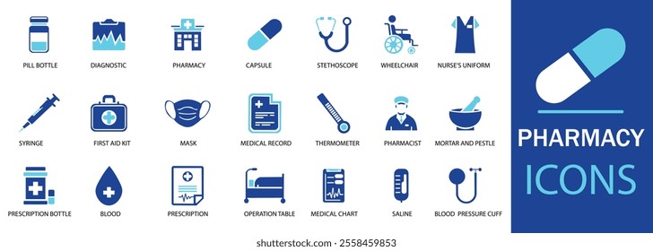 Pharmacy icon set. Featuring detailed illustrations of Medicine, medication, prescription, treatment, health and syringe symbol. Cohesive set of scalable vector icons.