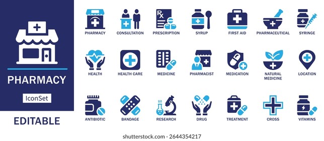 Pharmacy icon set. Featuring prescription, consultation, medicine, drug, health care, pharmacist, vitamins, treatment, and medical elements. Clean and editable vector icons.
