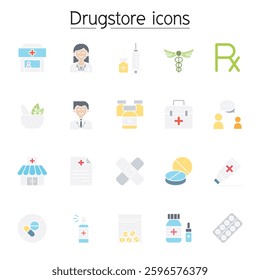 Pharmacy icon set. Included the icon as drug, pills, capsule, herbal medicines, pharmacist, drugstore and more flat color style