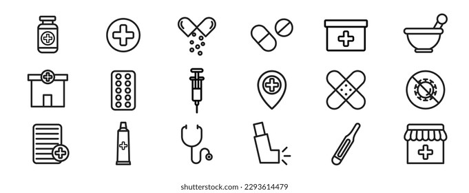Pharmacy icon set. includes pill, first aid kit, medical store, bandage, antibiotic stethoscope, inhaler, and more