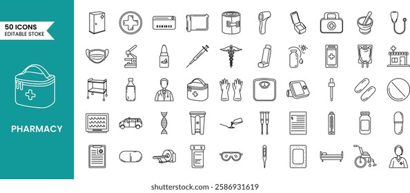 Pharmacy icon set in line style. Containing healthcare, doctor, hospital, bandage, medicine, health and more. Vector illustration
