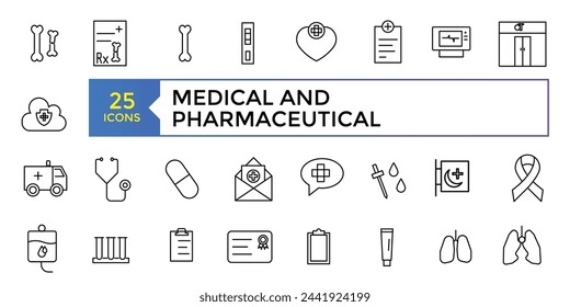 Pharmacy icon set. medication, prescription, treatment, health and syringe symbol. scientific discovery and disease prevention signs. Medical healthcare, doctor line icons.