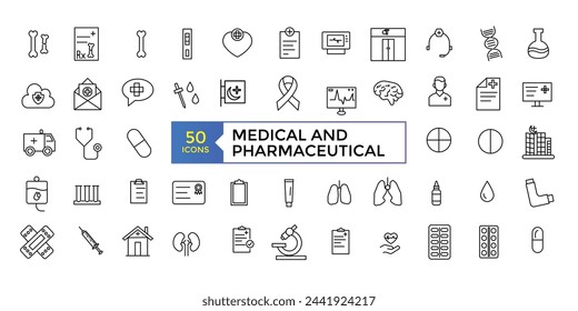 Pharmacy icon set. medication, prescription, treatment, health and syringe symbol. scientific discovery and disease prevention signs. Medical healthcare, doctor line icons.