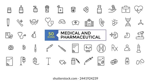 Pharmacy icon set. medication, prescription, treatment, health and syringe symbol. scientific discovery and disease prevention signs. Medical healthcare, doctor line icons.