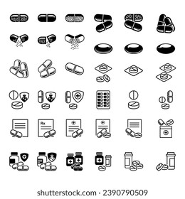 Pharmacy icon set. Medicine, bandage, medication, treatment, and health symbol. Solid icons vector collection.