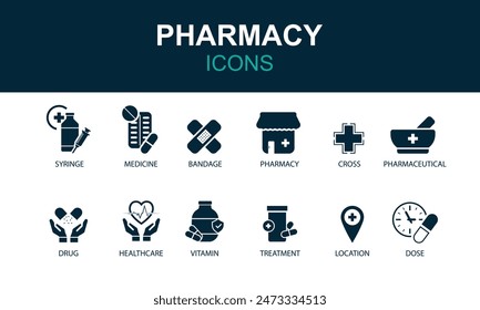 Pharmacy icon set. Medicine, bandage, medication, prescription, treatment, health and syringe symbol. Solid icons vector collection.