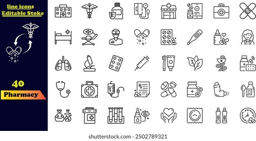 Pharmacy icon set. Medicine, bandage, medication, prescription, treatment, health and syringe symbol.