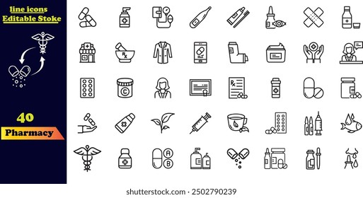 Pharmacy icon set. Medicine, bandage, medication, prescription, treatment, health and syringe symbol.