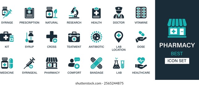 Pharmacy icon set. Medicine, bandage, medication, prescription, treatment, health and syringe symbol. Solid icons vector collection.