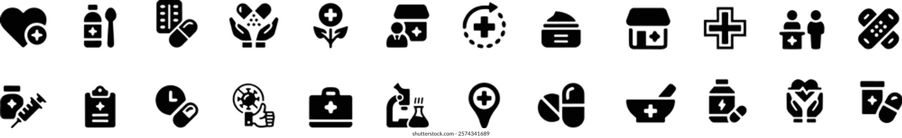 Pharmacy icon set. Medicine, bandage, medication, prescription, treatment, health and syringe symbol.