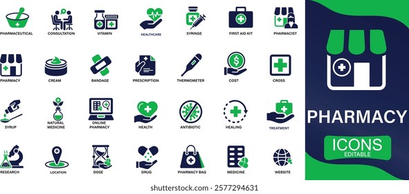 Pharmacy icon set Medicine, bandage, medication, prescription, treatment You can easily change the color.