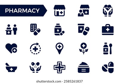 Pharmacy icon set. Medicine, bandage, medication, prescription, treatment, health and syringe symbol. Solid icons vector collection.