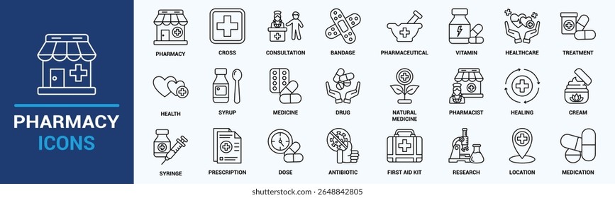 Conjunto de ícones da farmácia. Remédio, bandagem, medicação, prescrição, tratamento, saúde e símbolo de seringa. Coleção vetorial de ícones sólidos.