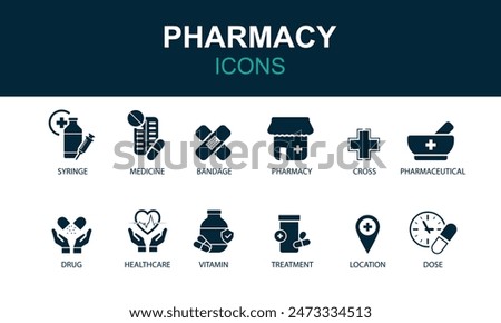 Pharmacy icon set. Medicine, bandage, medication, prescription, treatment, health and syringe symbol. Solid icons vector collection.