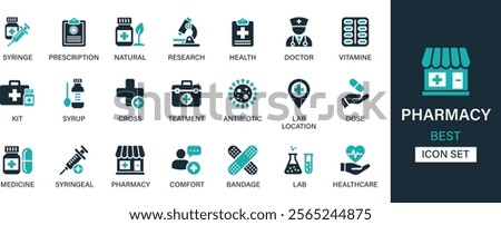 Pharmacy icon set. Medicine, bandage, medication, prescription, treatment, health and syringe symbol. Solid icons vector collection.
