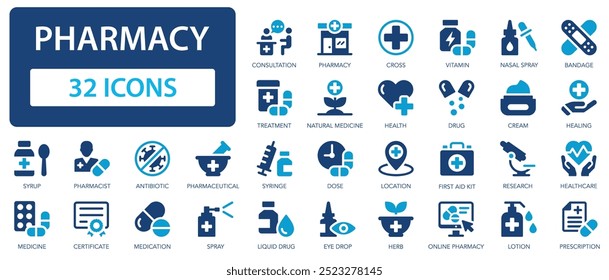 Conjunto de ícones da farmácia. Remédio, tratamento, tomar medicação, comprimido, cápsula, seringa, gotejamento, bandagem.