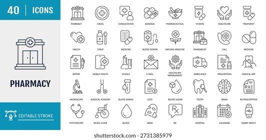 Conjunto de ícones da farmácia. Coleção de Ícones de Destaque. Ilustração vetorial com traços editáveis