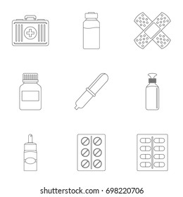 Pharmacy icon set. Outline style set of 9 pharmacy vector icons for web isolated on white background