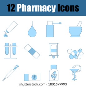 Pharmacy Icon Set. Thin Line With Blue Fill Design. Vector Illustration.