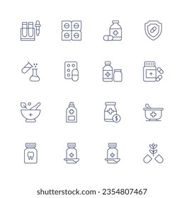 Pharmacy icon set. Thin line icon. Editable stroke. Containing vaccine, pills, medicine, shield, mixing, drug, syrup, mortar, hand sanitizer, price, pill.