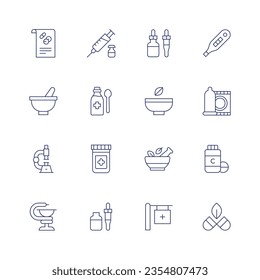 Pharmacy icon set. Thin line icon. Editable stroke. Containing medical prescription, vaccine, medicine, pregnancy test, mortar, syrup, pharmacy, condom, microscope, drugs, vitamins, medication.