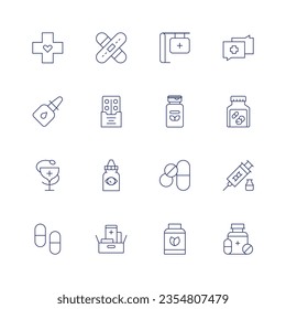 Pharmacy icon set. Thin line icon. Editable stroke. Containing cross, bandage, pharmacy, diagnosis, nasal spray, tablet, supplement, medicine, hygeia, eye drop, medicines, stem cells, vegan.